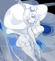 Rule 34 | 1girl, abyssal pacific princess, abyssal ship, bad id, bad pixiv id, blue eyes, blue theme, bob cut, breasts, cape, colored skin, harpoon, hat, kantai collection, large breasts, mini hat, monochrome, necktie, neko (ganecooo), pale skin, parted lips, short hair, solo, spine, spines, thighhighs, thighs, whale, white hair, white skin, white thighhighs, wrist cuffs