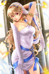 Rule 34 | 1girl, alternate costume, arm up, armlet, asymmetrical clothes, breasts, choker, corrin (female) (fire emblem), corrin (fire emblem), dress, elbow gloves, esther shen, fire emblem, fire emblem fates, fire emblem heroes, gloves, hair ornament, hairband, long hair, looking at viewer, nintendo, platinum blonde hair, pointy ears, red eyes, side slit, single glove, solo, veil, white dress