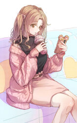Rule 34 | 1girl, belt, black shirt, brown belt, brown eyes, brown hair, cardigan, cellphone, commentary request, couch, cup, cushion, disposable cup, drinking, drinking straw, frilled shirt, frills, hair ribbon, hands up, highres, holding, holding cup, holding phone, ichikawa hinana, idolmaster, idolmaster shiny colors, indoors, knees together feet apart, long hair, long sleeves, looking at another, natsu (jar1010), off shoulder, on couch, open cardigan, open clothes, parted bangs, partial commentary, phone, pink cardigan, pink ribbon, pink skirt, polka dot, ribbon, see-through, see-through shirt, shirt, single bare shoulder, sitting, skirt, sleeveless, sleeveless shirt, smartphone, smartphone case, solo, twintails