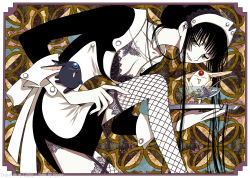 Rule 34 | 00s, 1girl, absurdres, black hair, blunt bangs, breasts, clamp, cleavage, fishnet thighhighs, fishnets, highres, hime cut, ichihara yuuko, large breasts, long hair, maid, mokona, solo, thighhighs, vector trace, xxxholic