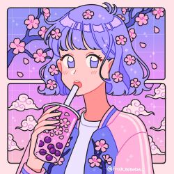 Rule 34 | 1girl, branch, bubble tea, cherry blossom print, cherry blossoms, drink, drinking straw, emily kim, falling petals, floral print, flower, gradient background, grid background, hair flower, hair ornament, highres, holding, holding drink, jacket, letterman jacket, limited palette, open mouth, original, paneled background, petals, pink background, pink clouds, pink flower, pink jacket, pink petals, portrait, print jacket, purple background, purple eyes, purple hair, purple jacket, purple shirt, purple theme, shirt, short hair, solo, sparkle, whorled clouds