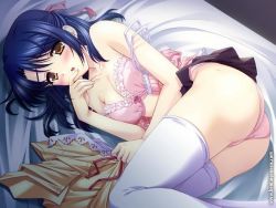 Rule 34 | 1girl, :o, akino takehiko, ankoromochi, ass, bed, blue hair, blush, bow, bow bra, bra, brown eyes, camisole, clothes lift, embarrassed, finger to mouth, frilled bra, frills, from above, game cg, hair ribbon, hayama mitsuki, indoors, jpeg artifacts, lace, lingerie, looking at viewer, lying, miniskirt, on side, open mouth, panties, parted bangs, pink bra, pink panties, pleated skirt, ribbon, scarlett, shirt, unworn shirt, short hair, skirt, skirt lift, solo, strap slip, thighhighs, underwear, undressing, untied, watermark, white thighhighs, yellow eyes