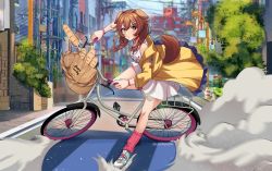 Rule 34 | 1girl, :o, absurdres, akira (manga), akira slide, animal ears, baguette, bicycle, bicycle basket, braid, bread, brown eyes, brown hair, cawfield, city, collar, day, determined, dog ears, dog girl, dog tail, dress, dust cloud, food, full body, hair between eyes, highres, hololive, inugami korone, inugami korone (1st costume), jacket, looking at viewer, medium hair, open mouth, outdoors, red collar, red legwear, riding, riding bicycle, scene reference, solo, spanish commentary, sunlight, tail, twin braids, twitter username, v-shaped eyebrows, virtual youtuber, white dress, white footwear, yellow jacket
