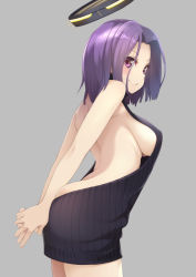 Rule 34 | 1girl, alternate costume, arms behind back, ass, backless outfit, black sweater, blush, breasts, grey background, halo, kantai collection, large breasts, mechanical halo, meme attire, mofu namako, naked sweater, purple eyes, purple hair, ribbed sweater, short hair, sideboob, simple background, smile, solo, sweater, tatsuta (kancolle), turtleneck, turtleneck sweater, virgin killer sweater