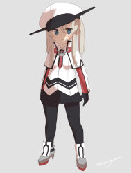 Rule 34 | 10s, 1girl, aged down, black gloves, black pantyhose, blonde hair, blue eyes, blush, eight tohyama, full body, gloves, graf zeppelin (kancolle), grey background, hat, highres, kantai collection, long hair, looking at viewer, military hat, necktie, pantyhose, simple background, skirt, solo, twintails