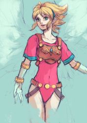 Rule 34 | 1girl, armor, blonde hair, breath of fire, breath of fire i, capcom, elbow gloves, gloves, green eyes, hairband, highres, kannoaki, leotard, looking at viewer, nina (breath of fire i), red leotard, short hair, simple background, solo, wings