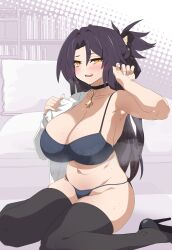 Rule 34 | 1girl, arm up, bed, black choker, black hair, blush, book, bookshelf, bra, breasts, choker, cleavage, collarbone, high heels, highres, indoors, large breasts, long hair, looking at viewer, monochrome background, navel, office lady, on bed, open mouth, orange eyes, original, pillow, ponytail, shoes, sitting, solo, steam, steaming body, stomach, superkyu, sweat, teeth, thighhighs, underwear, unworn clothes, unworn shirt