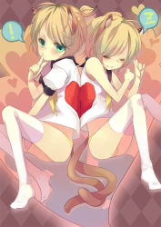 Rule 34 | !, 1boy, 1girl, animal ears, aqua eyes, back-to-back, bad id, bad pixiv id, blonde hair, blush, brother and sister, cat ears, cat tail, closed eyes, heart, kagamine len, kagamine rin, legs, nicohi, panties, short hair, siblings, sleeping, smile, tail, thighhighs, twins, underwear, vocaloid, yellow panties