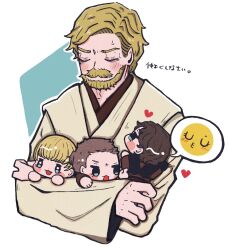Rule 34 | 4boys, age difference, anakin skywalker, beard, blonde hair, blush stickers, chibi, closed eyes, facial hair, highres, multiple boys, mustache, nikkigam, obi-wan kenobi, size difference, star wars, star wars: attack of the clones, star wars: revenge of the sith, star wars: the phantom menace