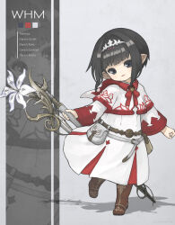 Rule 34 | 1girl, absurdres, belt pouch, black hair, blue eyes, brown footwear, english text, final fantasy, final fantasy xiv, flat chest, full body, head tilt, highres, holding, holding staff, lalafell, long bangs, looking at viewer, mage staff, multiple views, neck ribbon, pointy ears, pouch, puluie, red ribbon, ribbon, robe, shadow, short hair, simple background, smile, staff, standing, standing on one leg, tiara, triangle mouth, warrior of light (ff14), white mage (final fantasy), white robe