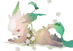 Rule 34 | angry, animal focus, bisected, body horror, brown eyes, commentary, creatures (company), flower, from side, game freak, gen 4 pokemon, injury, leaf, leafeon, li04r, looking at viewer, looking back, lying, nintendo, no humans, no mouth, on stomach, pokemon, pokemon (creature), solo, sprout, white background, white flower
