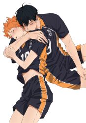 2boys arm_around_neck arm_up black_hair blush closed_eyes commentary_request haikyuu!! hair_between_eyes hand_on_another&#039;s_arm hand_on_own_thigh highres hinata_shouyou kageyama_tobio karasuno_volleyball_uniform korean_commentary male_focus midriff multiple_boys muri12220621 open_mouth orange_hair shirt short_sleeves shorts simple_background sportswear striped_clothes striped_shirt striped_shorts vertical-striped_clothes vertical-striped_shirt vertical-striped_shorts volleyball_uniform wavy_hair white_background yaoi