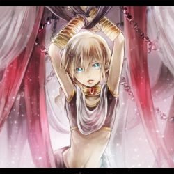 Rule 34 | 1boy, blonde hair, blue eyes, cosplay, eim (gaziko), jewelry, judal, judal (cosplay), letterboxed, long hair, magi the labyrinth of magic, midriff, neck ring, titus alexius