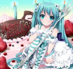 Rule 34 | 1girl, :t, ahoge, aqua eyes, aqua hair, beamed quavers, boots, cake, candle, cross-laced footwear, food, fork, fruit, gloves, happy birthday, hatsune miku, in food, knee boots, lace-up boots, long hair, mini person, minigirl, musical note, myutsusama, quaver, sitting, solo, strawberry, striped clothes, striped thighhighs, thighhighs, treble clef, very long hair, vocaloid