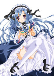 Rule 34 | 00s, aria (sister princess), blue hair, candy, dress, food, frilled thighhighs, frills, gothic lolita, hairband, lingerie, lolita fashion, lolita hairband, mary janes, panties, petticoat, purple eyes, shoes, sister princess, smile, solo, thighhighs, underwear