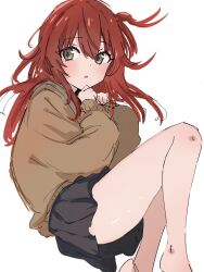 Rule 34 | 1girl, bare legs, black skirt, blush, bocchi the rock!, brown cardigan, cardigan, commentary request, green eyes, grey background, highres, kita ikuyo, knees up, looking to the side, medium hair, one side up, open mouth, pleated skirt, red hair, simple background, sketch, skirt, solo, ukitaryu