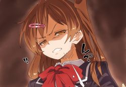 Rule 34 | 1girl, angry, black jacket, bow, bowtie, brown hair, chuunibyou demo koi ga shitai!, commentary request, from below, hair ornament, hair over shoulder, hairclip, highres, jacket, long hair, looking at viewer, nibutani shinka, one side up, portrait, simple background, solo, teeth, translation request, yaneko uta, yellow eyes
