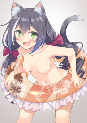Rule 34 | 1girl, akizora momiji, animal ear fluff, animal ears, bare arms, bare legs, bare shoulders, black hair, blush, bow, breasts, cat ears, cat girl, cat tail, collarbone, completely nude, convenient censoring, fang, green eyes, grey background, hair bow, highres, holding, holding swim ring, innertube, karyl (princess connect!), leaning forward, long hair, looking at viewer, low twintails, medium breasts, multicolored hair, navel, nipples, nude, open mouth, princess connect!, red bow, simple background, solo, spread legs, streaked hair, swim ring, tail, twintails, white hair