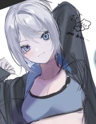 Rule 34 | 1girl, :3, animification, arm behind head, black jacket, blue eyes, blue sports bra, blush, breasts, collarbone, grey hair, highres, jacket, jett (valorant), kom0980, leaning to the side, looking at viewer, medium breasts, portrait, sketch, smile, solo, sports bra, stretching, valorant, white background
