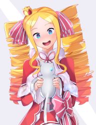 Rule 34 | 1girl, :d, absurdres, animal, beatrice (re:zero), blonde hair, blue eyes, bow, butterfly-shaped pupils, crown, dress, drill hair, eomung, eye contact, grey background, hair ribbon, highres, holding, holding animal, long hair, looking at another, mini crown, open mouth, pink bow, puck (re:zero), re:zero kara hajimeru isekai seikatsu, ribbon, sidelocks, simple background, smile, symbol-shaped pupils, twin drills, twintails, wide sleeves