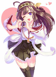 Rule 34 | 10s, 1girl, aldehyde, bad id, bad pixiv id, black thighhighs, brown hair, hair ornament, heart, heart hands, kantai collection, kongou (kancolle), long hair, long sleeves, looking at viewer, one eye closed, open mouth, personification, purple eyes, shirt, skirt, smile, solo, thighhighs, wide sleeves, wink, zettai ryouiki