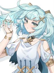 Rule 34 | 1girl, aqua hair, bare shoulders, clothing cutout, commentary, dress, faruzan (genshin impact), genshin impact, hair ornament, hand up, highres, holding, long hair, looking at viewer, morte (morte00097530), short sleeves, shoulder cutout, simple background, solo, twintails, upper body, white background, white dress, x hair ornament