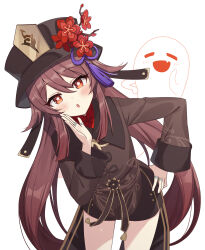 Rule 34 | 1girl, 1other, black shorts, blush, brown hair, flower, flower-shaped pupils, genshin impact, ghost, hair between eyes, hat, highres, hu tao (genshin impact), jewelry, long hair, looking at viewer, open mouth, plum blossoms, pn (wnsl216), porkpie hat, ring, shorts, symbol-shaped pupils, thigh gap, twintails, white background