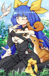 Rule 34 | 1girl, artist name, belt, bird, black dress, blue background, blue hair, breasts, bright pupils, casual, choker, cleavage, cloud, collarbone, deer, dizzy (guilty gear), dove, dress, grass, guilty gear, guilty gear xrd, hair ribbon, hair rings, highres, large breasts, long hair, long sleeves, looking at viewer, lyn (shunao), one eye closed, plant, rabbit, red eyes, ribbon, sky, smile, squirrel, tail, tail ornament, tail ribbon, twintails, very long hair, white pupils, yellow ribbon