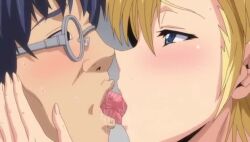 Rule 34 | 1boy, 1girl, animated, anime screenshot, blonde hair, blue eyes, censored, fellatio, french kiss, hetero, kiss, lowres, mikisaka haruka, oppai infinity!, oppai infinity! the animation, oral, pink pineapple, restroom, smegma, sound, tagme, ugly man, video