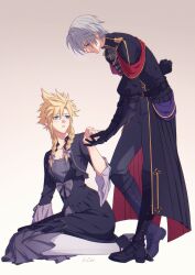 Rule 34 | 2boys, aged down, arm armor, arm behind back, black footwear, black gloves, black jacket, black pants, blonde hair, blue eyes, blush, boots, bow, braid, brown background, cape, chinese commentary, cloud strife, cloud strife (black dress), commentary, dress, dress bow, epaulettes, final fantasy, final fantasy vii, final fantasy vii ever crisis, final fantasy vii remake, frilled dress, frilled sleeves, frills, full body, gloves, gradient background, grey bow, grey hair, hair over shoulder, hand on ground, hand up, high heels, highres, holding hands, jacket, knee boots, knee up, kneeling, koshikun, leaning forward, leggings, long hair, long sleeves, looking at another, looking down, looking up, male focus, military uniform, multiple boys, official alternate costume, official alternate hairstyle, pants, parted lips, purple bow, sephiroth, sephiroth (shinra formal uniform), short hair, signature, spiked hair, standing, time paradox, twin braids, two-sided cape, two-sided fabric, uniform, waist cape, white leggings, yaoi