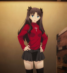 Rule 34 | 1girl, black hair, black skirt, black thighhighs, blue eyes, breasts, cropped legs, fate/stay night, fate (series), hands on own hips, head tilt, highres, indoors, long hair, long sleeves, looking at viewer, miniskirt, open mouth, pleated skirt, red shirt, ribbon, screencap, shirt, skirt, solo, standing, thighhighs, thighs, tohsaka rin, twintails, two side up, type-moon, zettai ryouiki