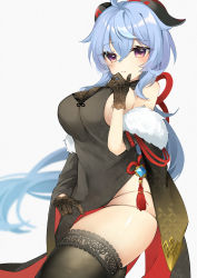 Rule 34 | 1girl, absurdres, ahoge, alternate costume, bare shoulders, black gloves, black thighhighs, blue hair, blush, breasts, china dress, chinese clothes, dress, ebichiri sunday, frilled thighhighs, frills, ganyu (genshin impact), genshin impact, gloves, highres, horns, large breasts, long hair, looking at viewer, purple eyes, sidelocks, skindentation, solo, standing, thighhighs, vision (genshin impact), white background