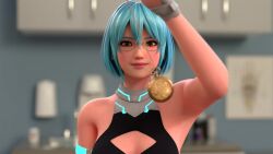 Rule 34 | 1girl, 20s, 3d, alternate costume, animated, arm up, assertive female, bare shoulders, black shirt, blue hair, breasts, cleavage, cleavage cutout, clothing cutout, dead or alive, dead or alive 6, female focus, glasses, gloves, glowing lines, green eyes, hair between eyes, halterneck, highres, hypnosis, hypnotizing viewer, indoors, interior, light blue hair, looking at viewer, mind control, multicolored clothes, nico (doa), pendulum, pocket watch, shirt, solo, sound, swinging, talking, talking, tecmo, upper body, video, vynil, watch, white gloves, white shirt