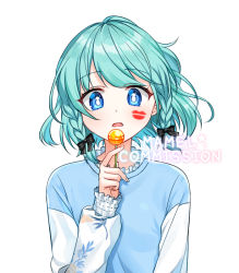 Rule 34 | 1girl, aqua hair, bad id, bad pixiv id, black bow, blue eyes, blue shirt, bow, braid, candy, commission, food, frilled shirt, frills, hair bow, hand up, holding, holding candy, holding food, holding lollipop, lipstick mark, lollipop, long sleeves, looking at viewer, mamel 27, original, parted lips, puffy long sleeves, puffy sleeves, shirt, simple background, sleeves past wrists, solo, twin braids, upper body, watermark, white background