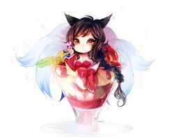 Rule 34 | 1girl, :3, ahri (league of legends), animal ears, bare shoulders, black hair, breasts, brown eyes, chibi, cleavage, detached sleeves, facial mark, fox ears, fox tail, glasses, heart, heart-shaped pupils, ice, korean clothes, large breasts, league of legends, long hair, looking at viewer, multiple tails, slit pupils, smile, solo, symbol-shaped pupils, tail, whisker markings, yellow eyes