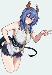 1girl ;d absurdres arknights bare_arms bare_shoulders black_tail blue_hair blush breasts brown_horns ch&#039;en_(arknights) closed_mouth collared_shirt commentary cropped_legs grey_background grey_shirt grin hair_tie hand_on_own_hip highres horns large_breasts looking_at_viewer medium_hair navel one_eye_closed open_mouth red_eyes ribbed_shirt shirt simple_background sketch sleeveless sleeveless_shirt smile solo split_mouth standing tail tobildesu v