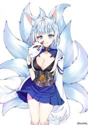 Rule 34 | 1girl, animal ears, azur lane, blue eyes, blue skirt, blunt bangs, blush, breasts, cleavage, closed mouth, fox ears, fox mask, fox tail, hakama, hakama short skirt, hakama skirt, highres, japanese clothes, kaga (azur lane), large breasts, long sleeves, looking at viewer, mask, multiple tails, reel (riru), short hair, silver hair, simple background, skirt, smile, solo, tail, white background, wide sleeves