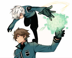 Rule 34 | 2boys, aiguillette, bent over, black footwear, black gloves, black pants, blue jacket, boots, brown hair, cube, gloves, hyuse, jacket, kuga yuuma, long sleeves, looking away, male focus, multiple boys, orb, outstretched arm, outstretched arms, pants, pants tucked in, profile, red eyes, simple background, smirk, spoilers, spread arms, standing on shoulder, tarou (run), transparent, uniform, white background, white hair, world trigger