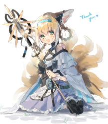 Rule 34 | 1girl, absurdres, animal ear fluff, animal ears, arknights, bad id, bad pixiv id, belt pouch, black footwear, black gloves, blue headband, commentary, dress, earpiece, english commentary, fox ears, fox tail, frilled dress, frills, from behind, gloves, hair rings, headband, highres, holding, holding staff, id card, infection monitor (arknights), kitsune, kneeling, kyuubi, looking back, material growth, matsuzaka (matsuzakagyu 29), multicolored hair, multiple tails, off-shoulder dress, off shoulder, orange hair, oripathy lesion (arknights), pouch, purple dress, shoe soles, simple background, single glove, solo, staff, streaked hair, suzuran (arknights), tail, thank you, white background, white hair, wrist cuffs