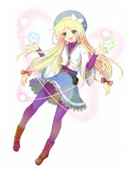 Rule 34 | 1girl, belt, blonde hair, blush, boots, bow, green eyes, hair bow, hairband, hat, highres, jacket, long hair, matanonki, open mouth, original, pantyhose, simple background, skirt, smile, solo, standing, star (symbol), striped, sweater, waving, white background, wide sleeves