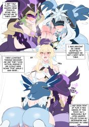 Rule 34 | 3girls, ass, bare shoulders, blonde hair, blue dress, blush, breasts, brooch, bulge, cicin mage (genshin impact), cryo cicin mage (genshin impact), dress, electro cicin mage (genshin impact), english text, erection, erection under clothes, fellatio, futa with female, futanari, genshin impact, gloves, green hair, group sex, highres, jewelry, large breasts, light blue dress, lumine (genshin impact), mask, multiple girls, open mouth, oral, penis, purple dress, redfuchsia, smile, threesome, tongue, tongue out, uncensored, white dress, white hair, yellow eyes