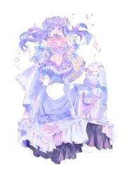 Rule 34 | 1girl, bad id, bad twitter id, bare shoulders, floating hair, flower, fortisselle, frilled pillow, frills, full body, high heels, highres, long hair, midriff, navel, off shoulder, open mouth, original, petals, pillow, purple eyes, purple hair, red flower, signature, simple background, solo, standing, twintails, white background, white legwear