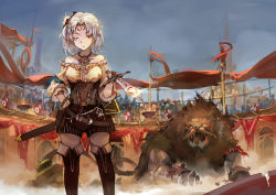 Rule 34 | 1girl, ;/, arena, arm garter, armor, banner, belt, blurry, boots, bow, brazier, building, chariot, cloud, collarbone, colosseum, corset, depth of field, dust cloud, elf, facial mark, fantasy, fire, flag, frilled shirt collar, frills, gladiator, hair bow, jewelry, lion, monster, necklace, one eye closed, original, pale skin, pointy ears, red eyes, scabbard, sheath, shield, shorts, silhouette, silver hair, sky, solo focus, spark (sandro), sword, thigh boots, thighhighs, underbust, weapon