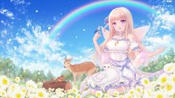 Rule 34 | 1girl, absurdres, ayamo nono, bird, blonde hair, blue sky, cat, deer, dress, flower, haruhitooo, highres, key visual, long hair, looking at viewer, official art, open mouth, outdoors, promotional art, rainbow, re:act, sky, smile, tree, virtual youtuber, wings, wood