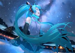 Rule 34 | aqua eyes, aqua hair, aqua necktie, architecture, bare shoulders, black skirt, black sleeves, black thighhighs, blue theme, blush, commentary request, cowboy shot, detached sleeves, dutch angle, east asian architecture, fur-trimmed collar, fur trim, galaxy, glowing tattoo, grey shirt, hair ornament, hatsune miku, headphones, headset, highres, lantern, long hair, looking up, milky way, mountainous horizon, necktie, night, night sky, open mouth, outdoors, shirt, shoulder tattoo, skirt, sky, sleeveless, sleeveless shirt, smile, snowing, star (sky), starry sky, tada yui (user cpxn2778), tattoo, temple, thighhighs, twintails, very long hair, vocaloid, zettai ryouiki