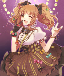 Rule 34 | ;d, black bow, black bowtie, blush, bow, bowtie, bracelet, breasts, cross-laced clothes, gloves, hoe satsuki, idolmaster, idolmaster cinderella girls, jewelry, looking at viewer, m/, medium breasts, moroboshi kirari, one eye closed, open mouth, orange hair, puffy short sleeves, puffy sleeves, shirt, short sleeves, single glove, skirt, smile, striped clothes, striped skirt, twintails, vertical-striped clothes, vertical-striped skirt, white shirt