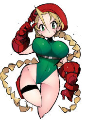 Rule 34 | 1girl, alternate breast size, artist request, bare shoulders, blonde hair, blue eyes, braid, breasts, cammy white, curvy, fingerless gloves, gloves, hat, highleg, highleg leotard, jumping, large breasts, leotard, lips, long hair, looking at viewer, shiny skin, sleeveless, street fighter, thong leotard, twin braids, very long hair, white background, wide hips