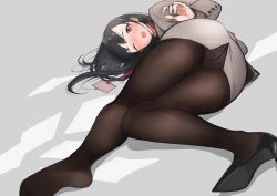 Rule 34 | 1girl, ass, black hair, blush, commentary request, crotch seam, doushimasho, feet, grey jacket, grey skirt, high heels, hip focus, jacket, lanyard, legs, long hair, looking at viewer, lying, miniskirt, office lady, on side, one eye closed, open mouth, original, panties, panties under pantyhose, pantyhose, pencil skirt, red eyes, shoe soles, shoes, single shoe, skirt, solo, thighband pantyhose, thighs, underwear
