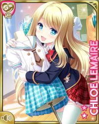 Rule 34 | 1girl, blonde hair, blue eyes, blue jacket, blue skirt, bow, brown neckwear, card, character name, chloe lemaire, day, girlfriend (kari), indoors, jacket, long hair, official art, open mouth, plaid, plaid skirt, qp:flapper, red bow, red neckwear, red skirt, school uniform, shirt, skirt, smile, solo, sparkle, store, symbol-shaped pupils, tagme, white shirt