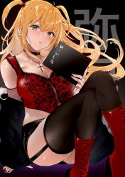 Rule 34 | 1girl, amane misa, black shorts, black thighhighs, blonde hair, blush, breasts, choker, cleavage, cross, cross necklace, crossed legs, death note, death note (object), ear piercing, earrings, garter straps, goth fashion, hair between eyes, highres, jewelry, large breasts, nail polish, necklace, piercing, red footwear, red nails, red tank top, ring, shorts, sitting, tank top, thighhighs, two side up, yamakonbu, yellow eyes
